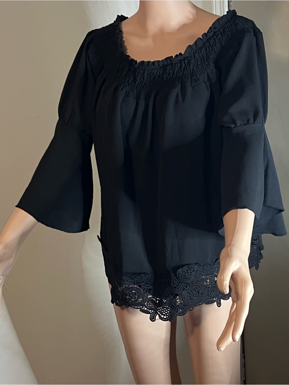 love J Black Peasant Blouse with Crochet Hem